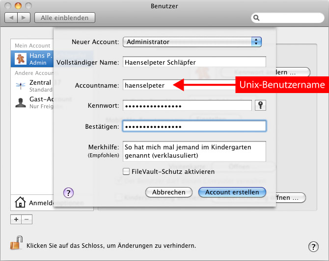 Benutzer anlegen unter Mac OS X